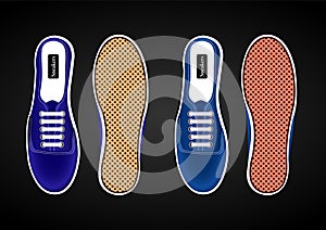 Sports shoes, sneakers realistic blue view from above and from the sides of the soles