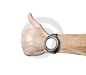 Sports smart watch on athlete`s hand isolated