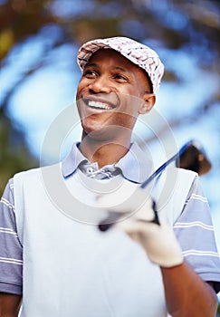 Sports, smile and happy with black man on golf course for training, competition and game. Happiness, fitness and relax