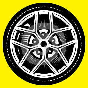 Sports spoked wheel with rubber tyres. Template for design. Monochrome illustration with yellow background photo