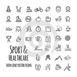 Sports, sports equipment, healthy lifestyle icons set