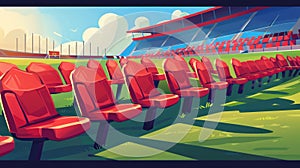 Sports stadium with empty seats and red plastic chairs and green grass on court. Modern cartoon illustration.