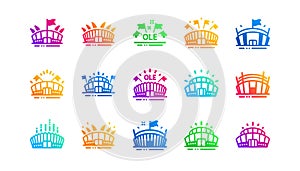 Sports stadium icons. Ole chant, arena football, championship architecture. Classic set. Vector
