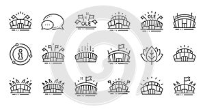 Sports stadium line icons. Ole chant, arena football, championship architecture. Linear set. Vector