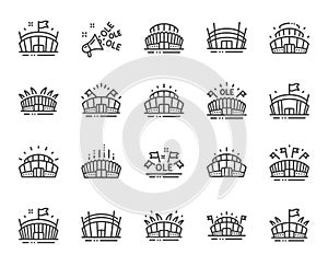 Sports stadium line icons. Ole chant, arena football, championship architecture. Vector