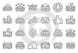 Sports stadium line icons. Ole chant, arena football, championship architecture. Vector