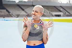 Sports, stadium and portrait of woman with medal for winning, achievement and victory in Paris. Fitness, athlete and