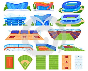 Sports stadium vector illustration set, cartoon flat indoor or outdoor arena field for sportsman people, stadium