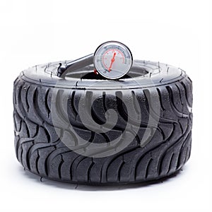 Sports summer tire and manometr for children karting on white background