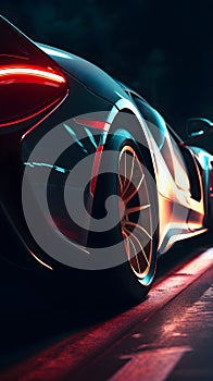 sports supercar's rear, tires gripping the track, as it accelerates under the neon glow photo