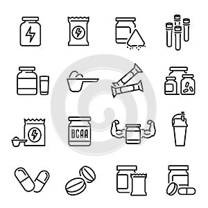 Sports supplements and health food icon set