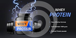 Sports supplements. Whey protein powder advertisement banner, black nutritional container, fitness ad, lightnings and