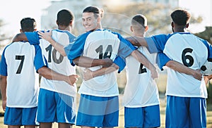 Sports, teamwork and portrait of men on soccer field for training, challenge and championship game. Goals, health and