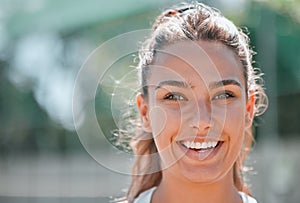 Sports, tennis and face portrait of woman on outdoor court ready for fitness, exercise and workout. Motivation