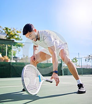 Sports, tennis and leg injury on court after training, game or match. Tennis player, healthcare and male athlete drop