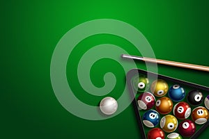 Sports theme with billiards, a full set of billiard balls, cue, on a green background. top view, flat lay, copy space, snooker. photo