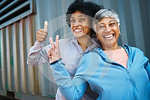 Sports, thumbs up and portrait of senior women bonding and posing after a workout or exercise together. Happy, smile and