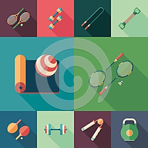 Sports time set of flat square icons with long shadows.