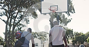 Sports, training and basketball players on court for outdoor training, workout or game together. Fitness, fun and