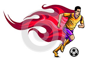 Sports training, Soccer football player kicks the ball, Goal, Fire flame, Colorful drops ink splashes