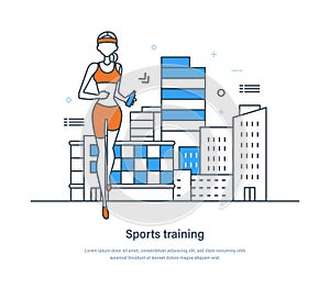 Sports training, young woman running outdoors, marathon race, jogging tournament. People engaged in active fitness sports, virtual