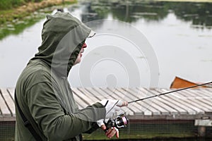 Sports trout fishing. Fisherman with fishing line.