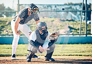 Sports, umpire and baseball with man on field for fitness, training and competition match. Strike, home run and catcher