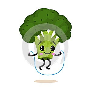 Sports vegetable character. Cute healthy fruit and funny face. Happy food green broccoli. Jumping rope. vegetarian