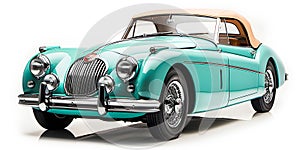 Sports vintage green convertible Jaguar XK140 on a White Background - AI generated