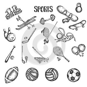 Sports vintage hand drawn vector illustrations. Sport and fitness doodle set. Sketch icons in retro style Euipment