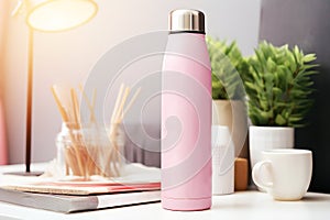 Sports water bottle mockup. Pink soft modern interior, AI Generated