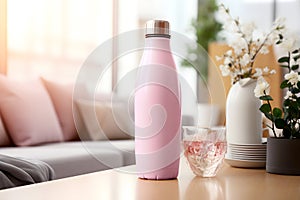 Sports water bottle mockup. Pink soft modern interior, AI Generated