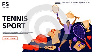 Sports winning concept with man player holding tennis racket and gold award cup.
