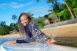 Sports. Woman On Surfboard In Water. Summer Vacation. Leisure Ac