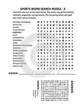 Sports word search puzzle - 2. Suitable both for kids and adults. Answer included.