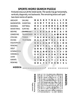 Sports word search puzzle. Suitable both for kids and adults. Answer included. photo