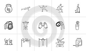 Sports and workout hand drawn outline doodle icon set.