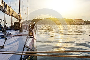 Sports yacht in the Harbor at sunset in Dubrovnik Croatia