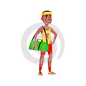 sportsman boy with bag going on basketball training cartoon vector