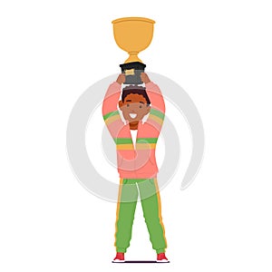 Sportsman Boy Character Holding A Trophy Over his Head, Showcasing A Gesture Of Victory, Vector Illustration