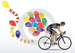 Sportsman cycling with balloons and letter Happy New Year on white background