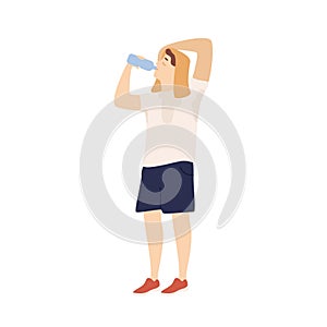 Sportsman drinking water from bottle feeling thirst after training vector flat illustration. Man with sweat covering