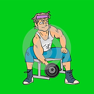 Sportsman with dumbbell on biceps. Cartoon illustration isolated on green