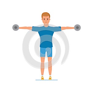 Sportsman engaged physical exercises, raises arms or hand with dumbbells.