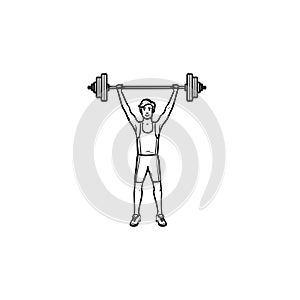 Sportsman with heavyweight barbell hand drawn outline doodle icon.