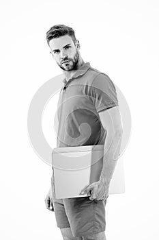 Sportsman with laptop isolated on white. Man carry laptop for internet game. Sport bets and gambling online. Online bets