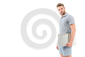 Sportsman with laptop isolated on white. Man carry laptop for internet game. Sport bets and gambling online. Online bets