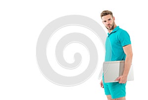 Sportsman with laptop isolated on white. Man carry laptop for internet game. Sport bets and gambling online. Online bets