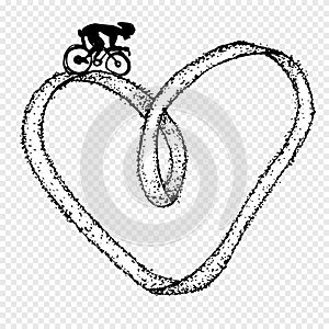 Sportsman ride by cycle on heart infinity symbol. Vector illustration