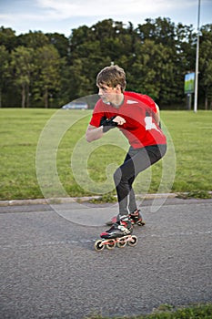 Sportsman on roller skates achive great speed